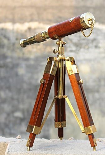 Antique Brass Leather Telescope with Wooden Tripod Stand