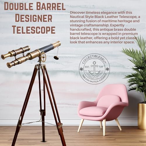 Nautical Style Black Leather Telescope with Brass Double Barrel