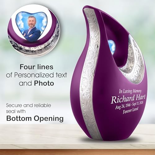 Personalized Purple Teardrop Cremation Urn for Adult Ashes - 156 Lbs Burial Urn with Velvet Bag