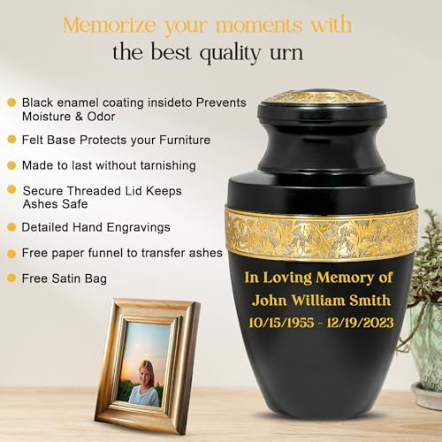 Custom Engraved Black and Gold Urn for Ashes