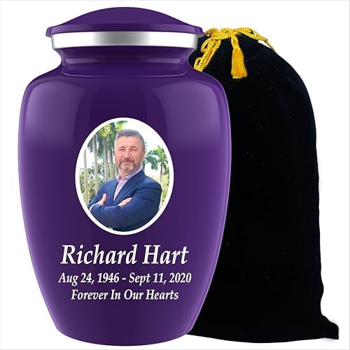 Personalized Photo Cremation Urn for Adult Ashes - 200lbs Custom Burial Urn with Engraving and Velvet Bag Purple