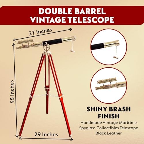 Navy Vintage Telescope with Brass Finish and Wooden Tripod