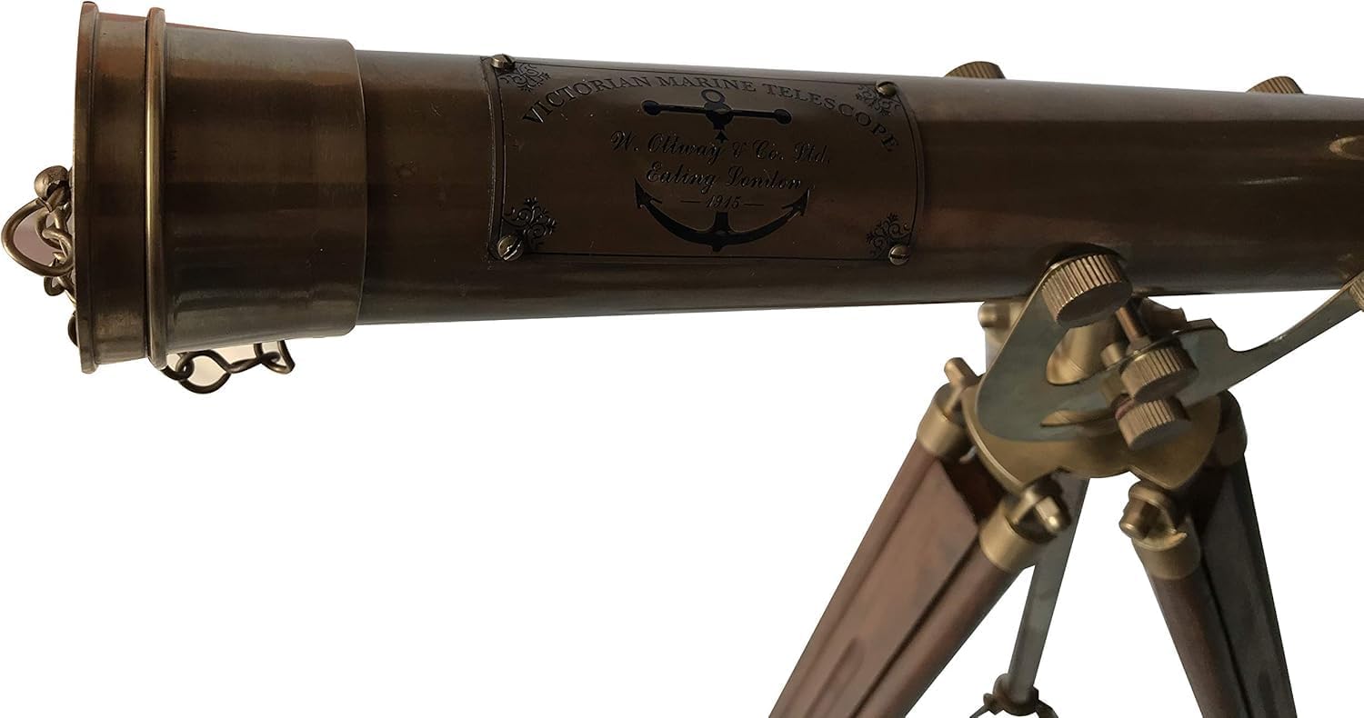 Antique Brass Telescope with Mahogany Tripod - 43 Inch Floor Standing Decorative Nautical Instrument 15X Magnification