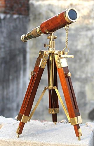 Antique Brass Leather Telescope with Wooden Tripod Stand