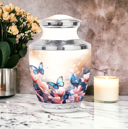 Butterflies in Blossoms Decorative Urns Set - 10 Inch Funeral Urn with 2 Mini Keepsake Urns