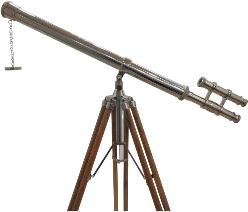 Vintage Maritime Double Barrel Telescope 64x Silver Brass with Wooden Tripod