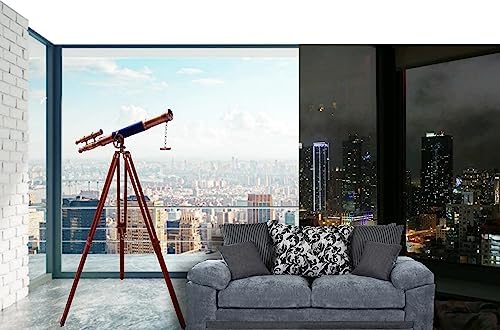 Nautical Designer Brass Telescope with Black Leather Cover and Wooden Tripod