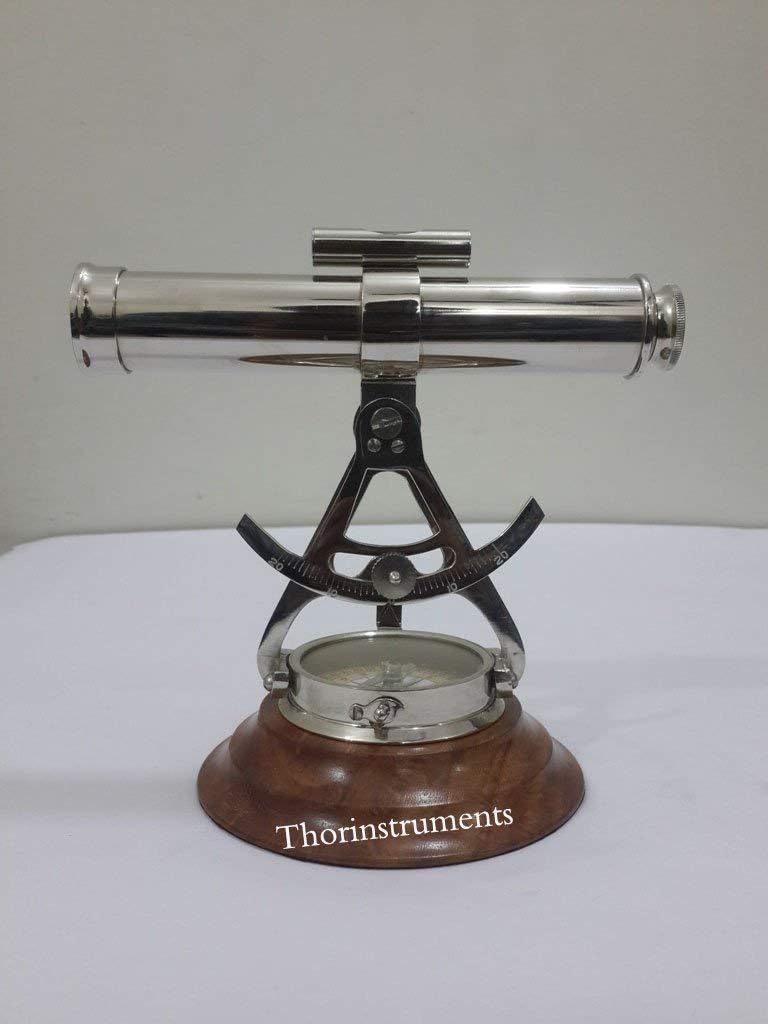 8 Inch Vintage Nautical Alidade Telescope with Wooden Base Compass Decor