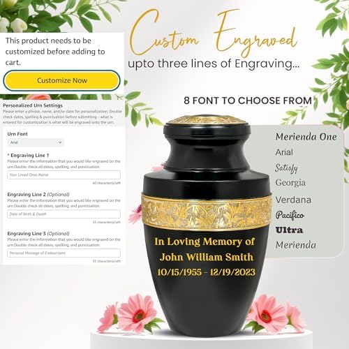 Custom Engraved Black and Gold Urn for Ashes