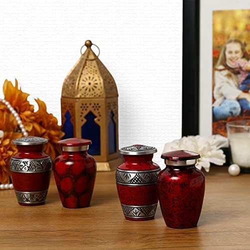 Small Urns for Human Ashes Set of 4 Red Vials with Velvet Bags and Gift Box