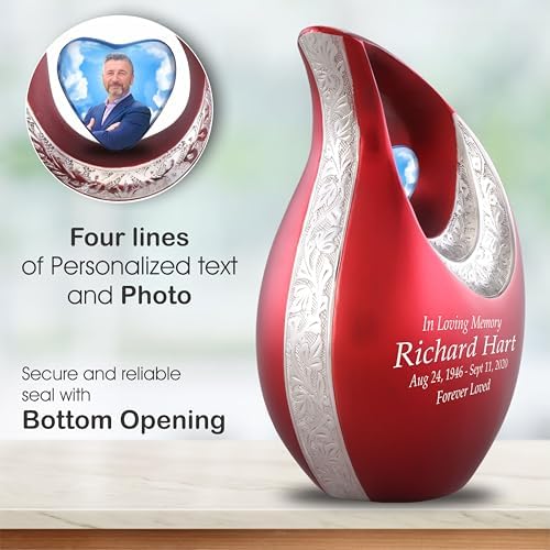 Personalized Photo Text Red Teardrop Cremation Urn for Adult Ashes