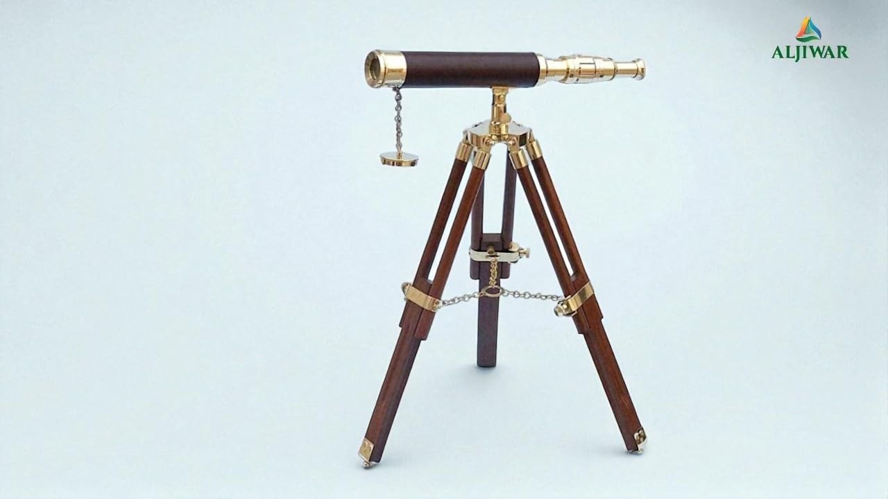 Vintage Brass Telescope with Leather Cover and Wooden Tripod Stand