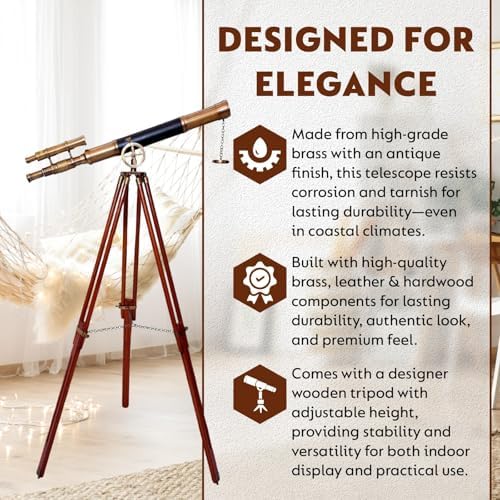 Nautical Designer Brass Telescope with Black Leather Cover and Wooden Tripod