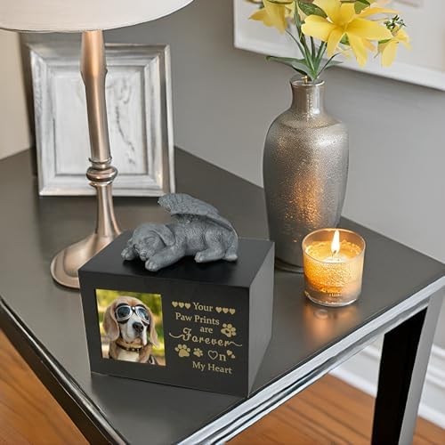 Elegant Wooden Pet Urn with Angel Statue and Photo Frame