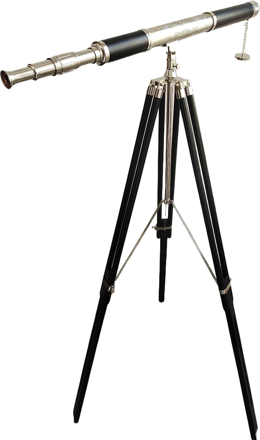 Nautical Vintage Floor Standing Brass Telescope with Black Wooden Tripod