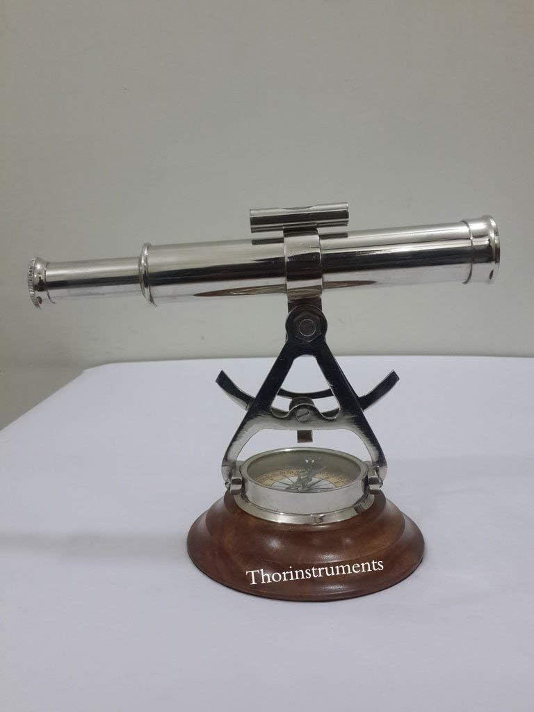 8 Inch Vintage Nautical Alidade Telescope with Wooden Base Compass Decor