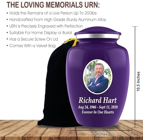 Personalized Photo Cremation Urn for Adult Ashes - 200lbs Custom Burial Urn with Engraving and Velvet Bag Purple