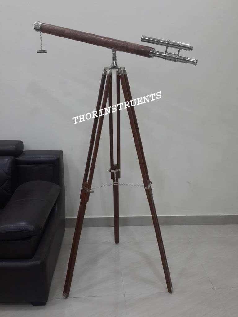 Nautical Vintage Brass Telescope Wooden Tripod Decor