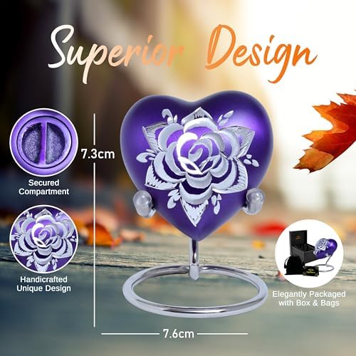 Rose Heart Urn for Human Ashes Purple Mini Cremation Keepsake