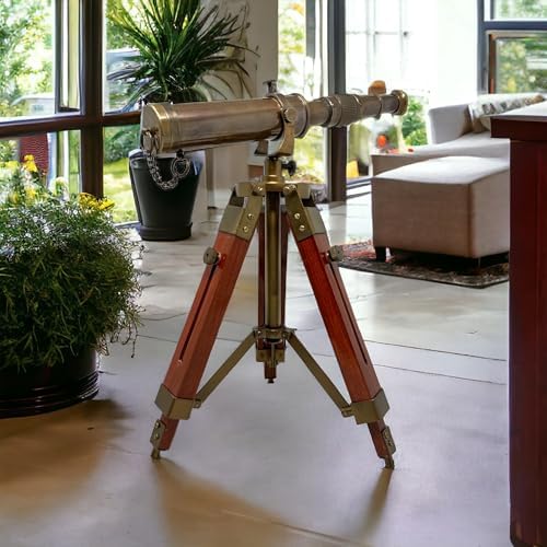 FYNJREX Nautical Brass Telescope with Wooden Stand Home Decor