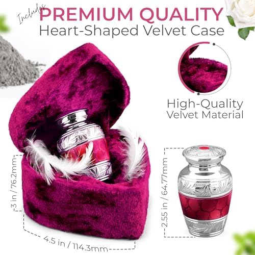 INTAJ Red Brass Keepsake Urn 3 Inch Mini Cremation Urn with Heart Box Sympathy Gift