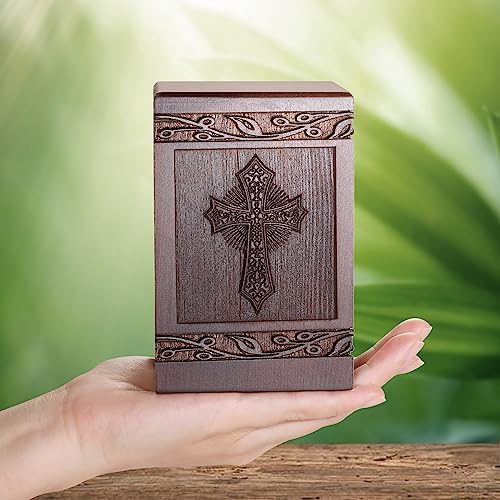 Wooden Carved Cross Urn for Human Ashes 20 Cubic Inch