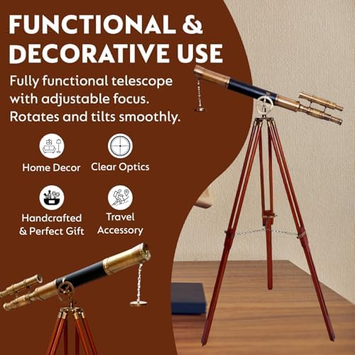 Nautical Designer Brass Telescope with Black Leather Cover and Wooden Tripod