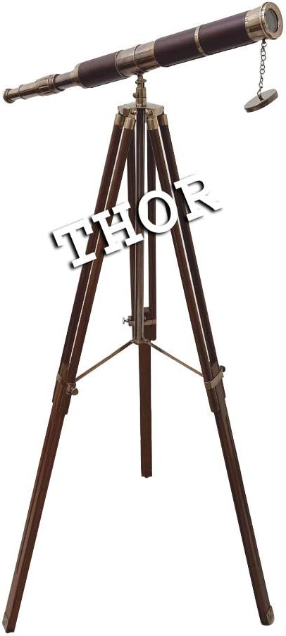 Vintage Decorative Brass Telescope Brown Leather Single Double Barrel Antique Tripod Set