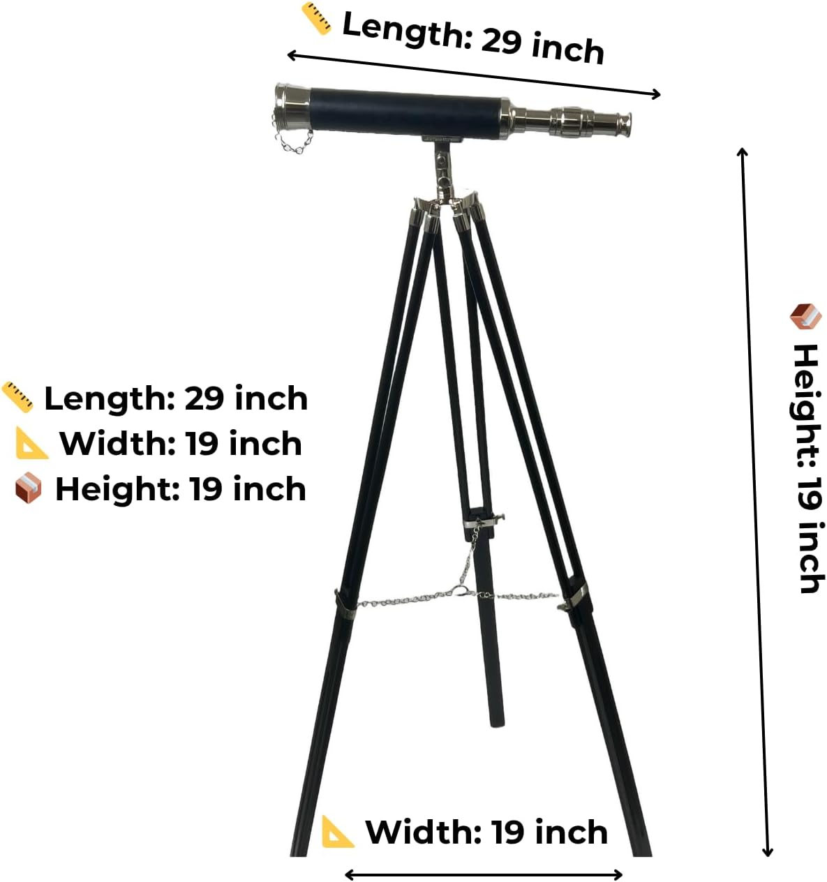 Navigators Charm 18 Inch Nickel And Leather Telescope With 10X Magnification On Wood Tripod Stand With Brass Fittings