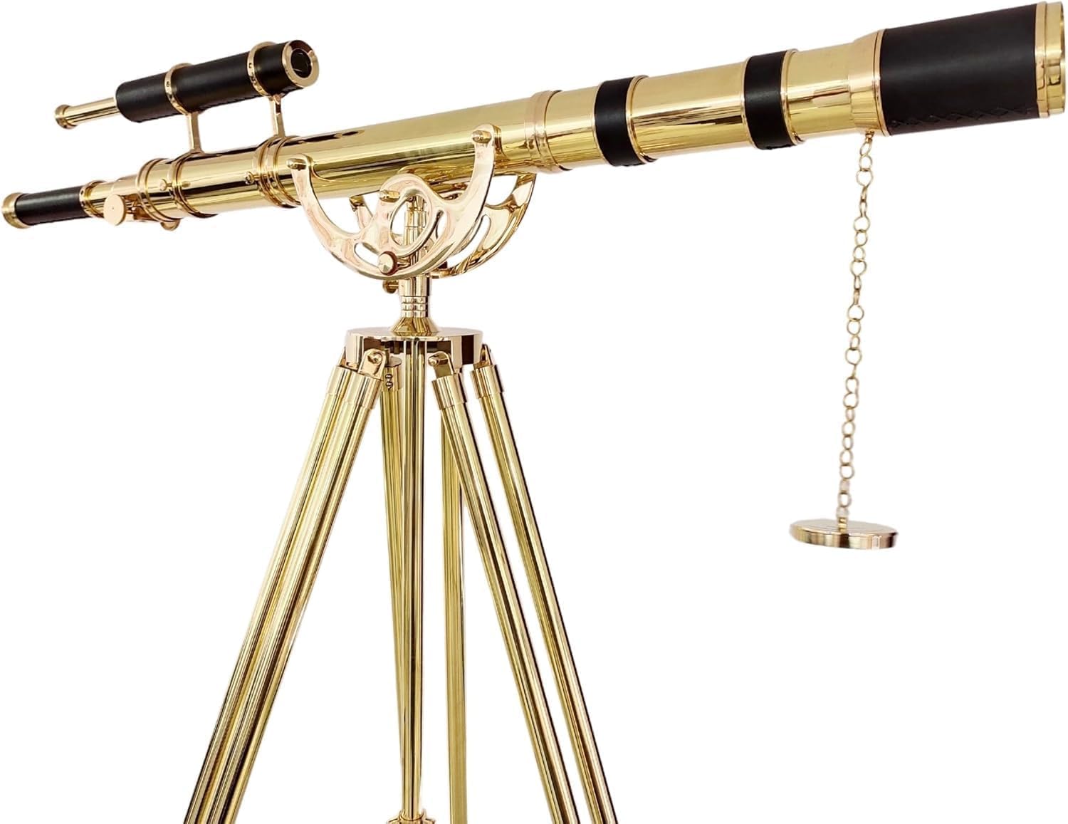 Royal Vintage Floor Standing Brass Telescope with Black Leather and Wooden Tripod