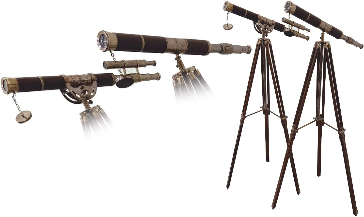 Vintage Decorative Brass Telescope Brown Leather Single Double Barrel Antique Tripod Set