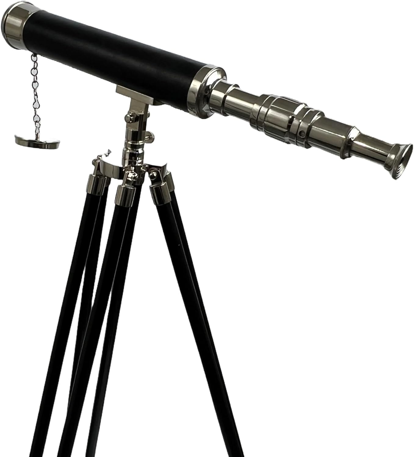 Navigators Charm 18 Inch Nickel And Leather Telescope With 10X Magnification On Wood Tripod Stand With Brass Fittings