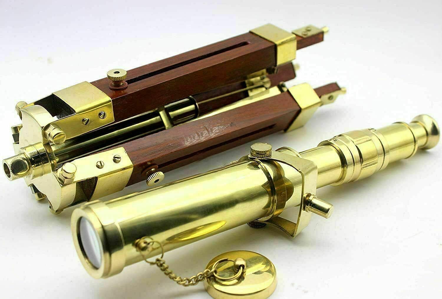 Vintage Brass Telescope with Wooden Tripod Stand 1
