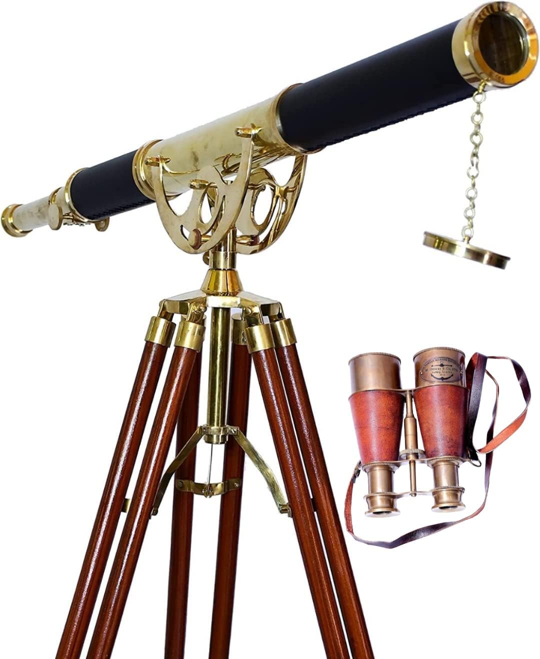 Vintage Solid Brass Nautical Telescope with Brown Wooden Stand
