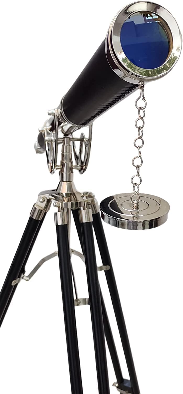 Nautical Vintage Solid Brass Telescope with Black Leather and Chrome Finish