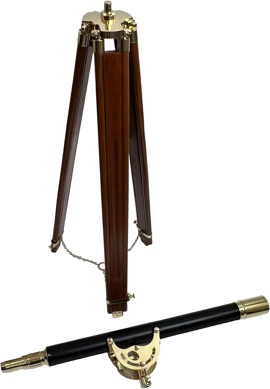 32 Inch Brass And Leather Mounted Telescope With 10x Magnification On Adjustable Wood Stand