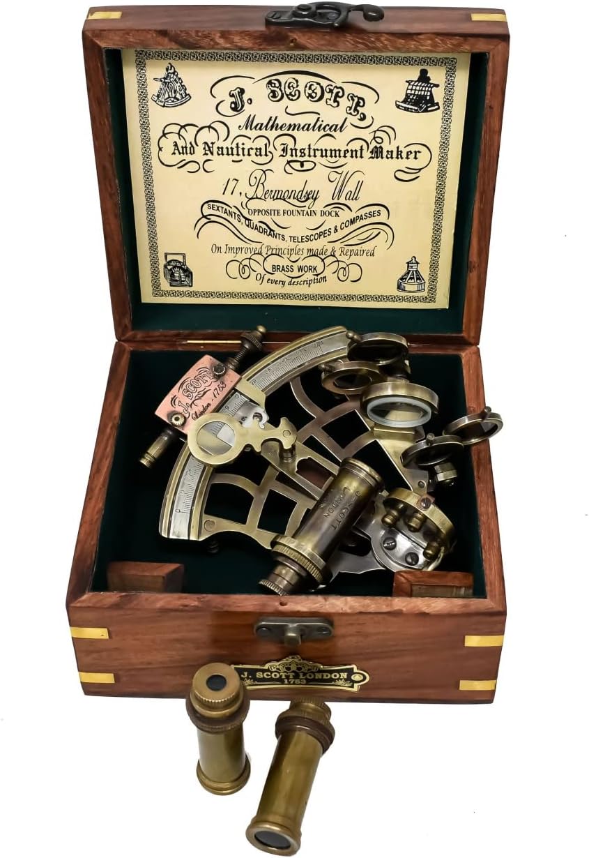 Vintage Brass Nautical Sextant with Hardwood Box and Two Sighting Telescopes