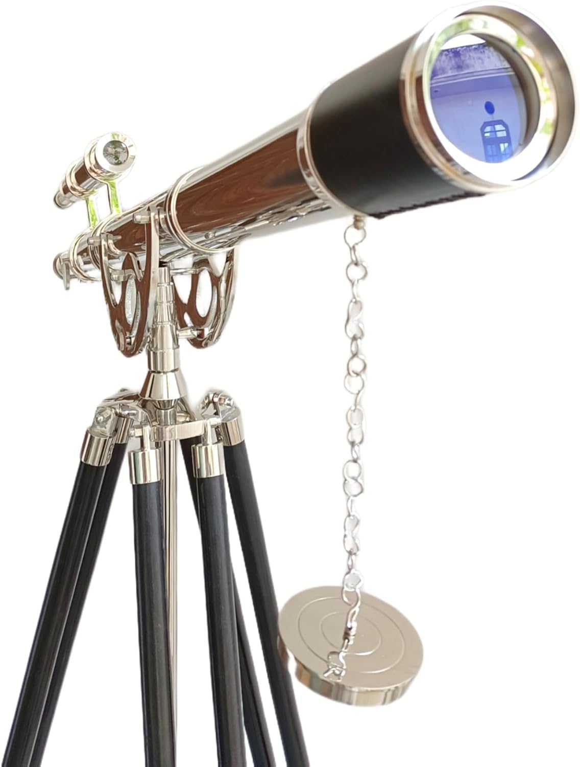 Nauticalshoppee Decorative Brass Telescope with Chrome Finish on Black Wooden Tripod