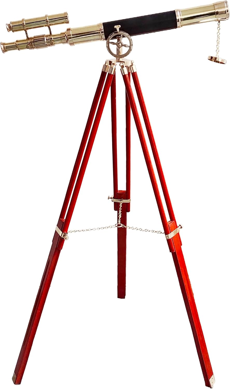 Navy Vintage Telescope with Brass Finish and Wooden Tripod