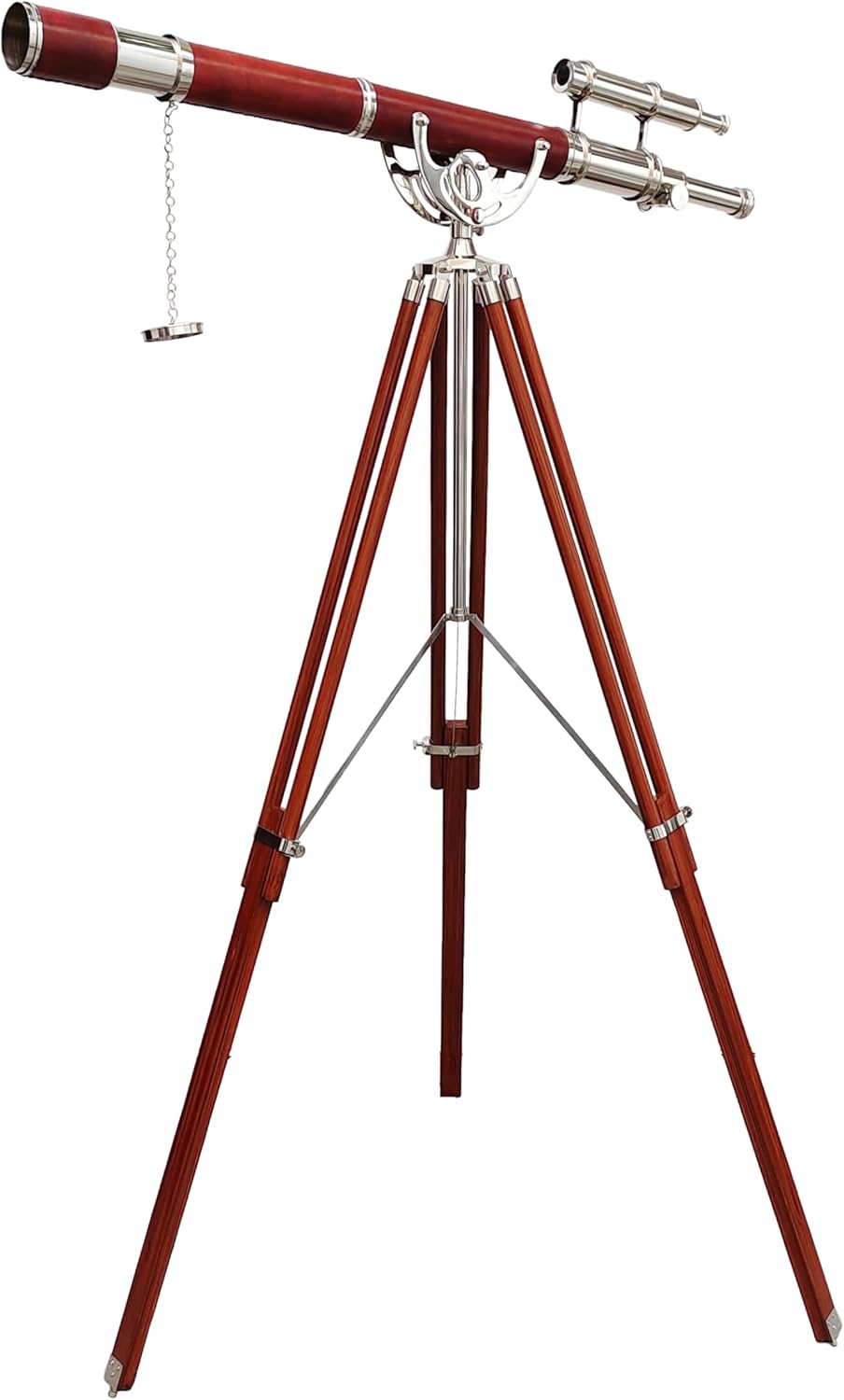 Nautical Vintage Double Barrel Telescope with Brass Mount and Brown Wooden Tripod