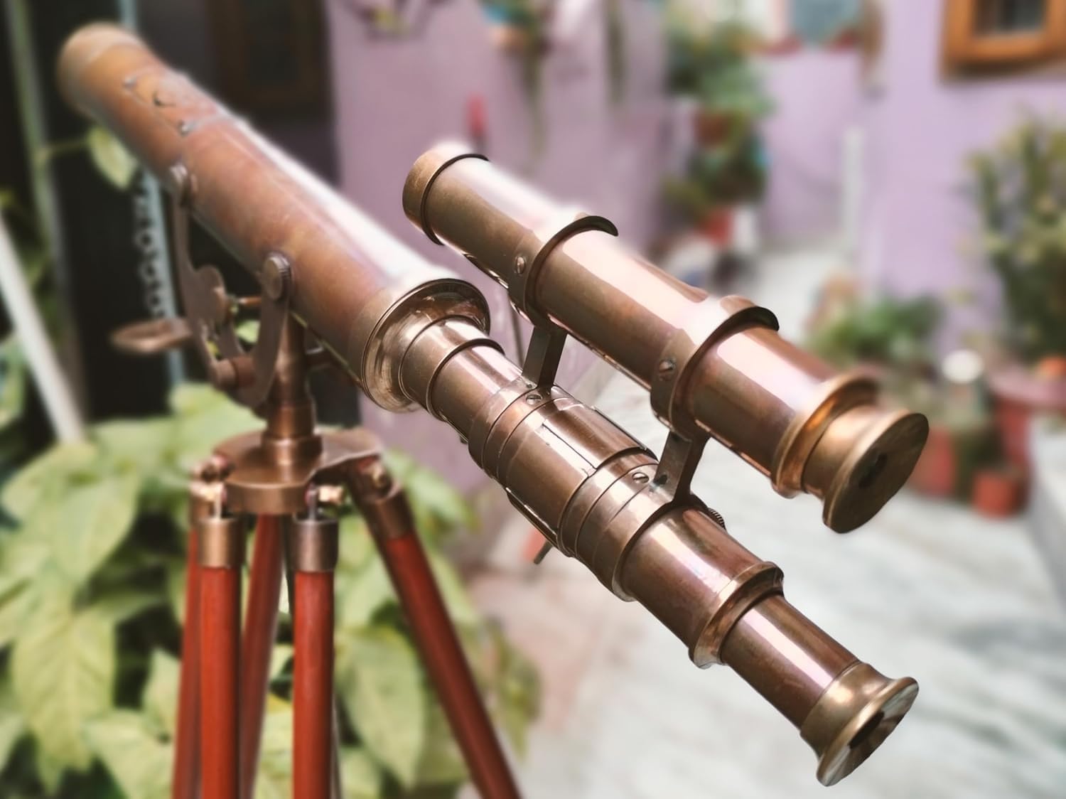 Antique Brass Telescope with Mahogany Tripod - 43 Inch Floor Standing Decorative Nautical Instrument 15X Magnification