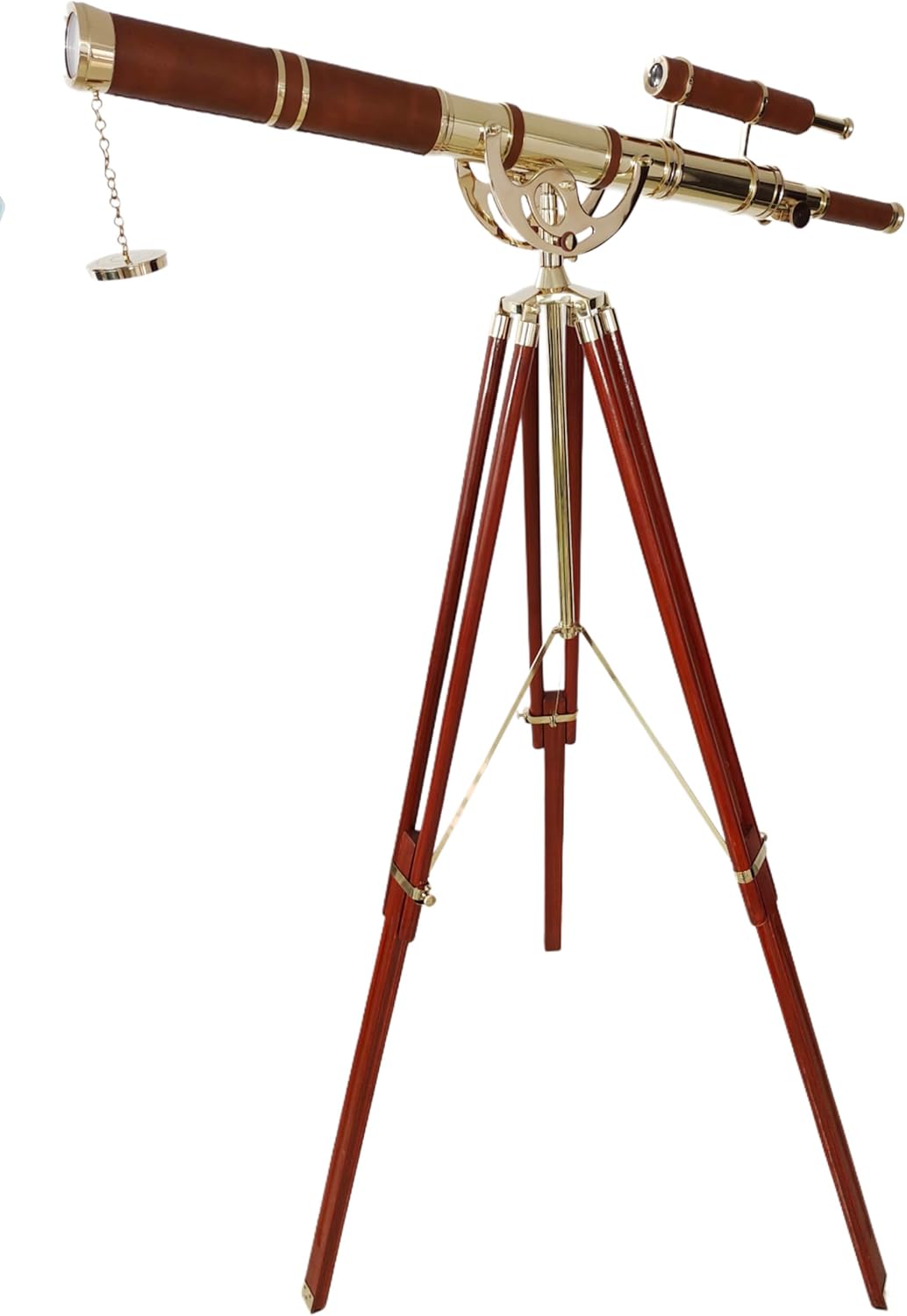 Vintage Brass Double Barrel Marine Telescope Floor Standing Wooden Tripod Collectible Home Office Decor