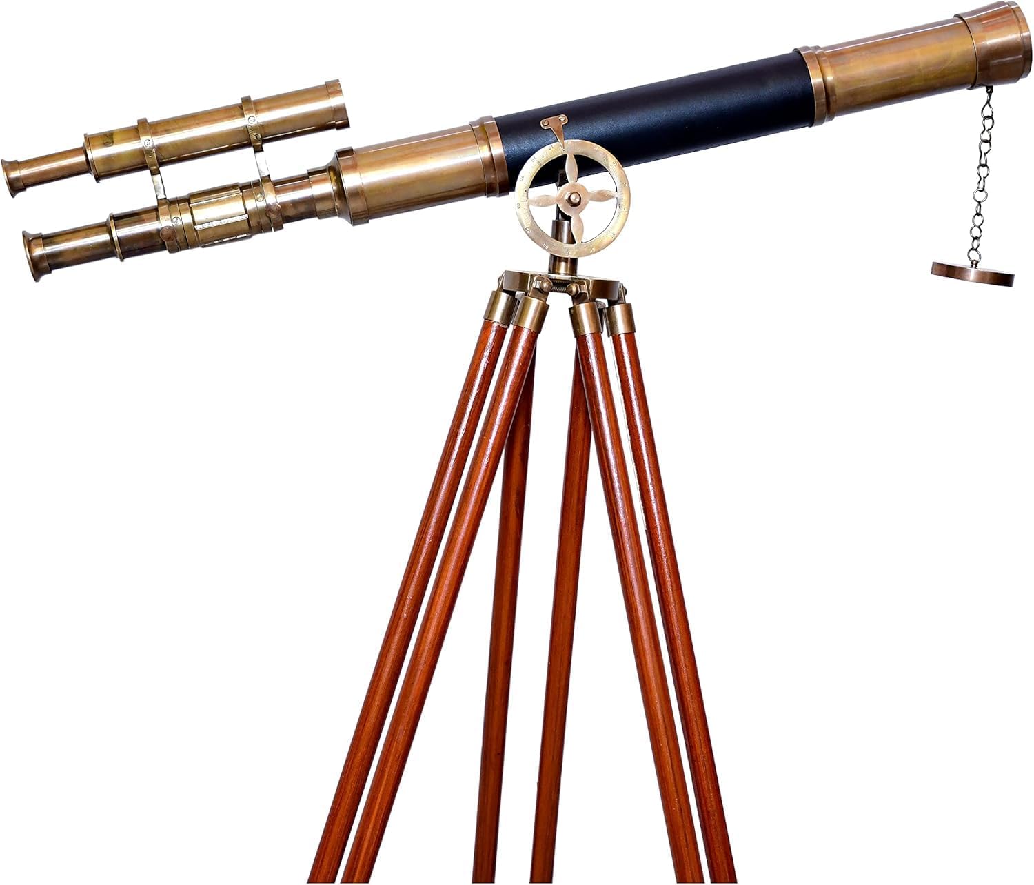 Vintage Marine Brass Telescope Double Barrel Floor Standing Wooden Tripod Decor