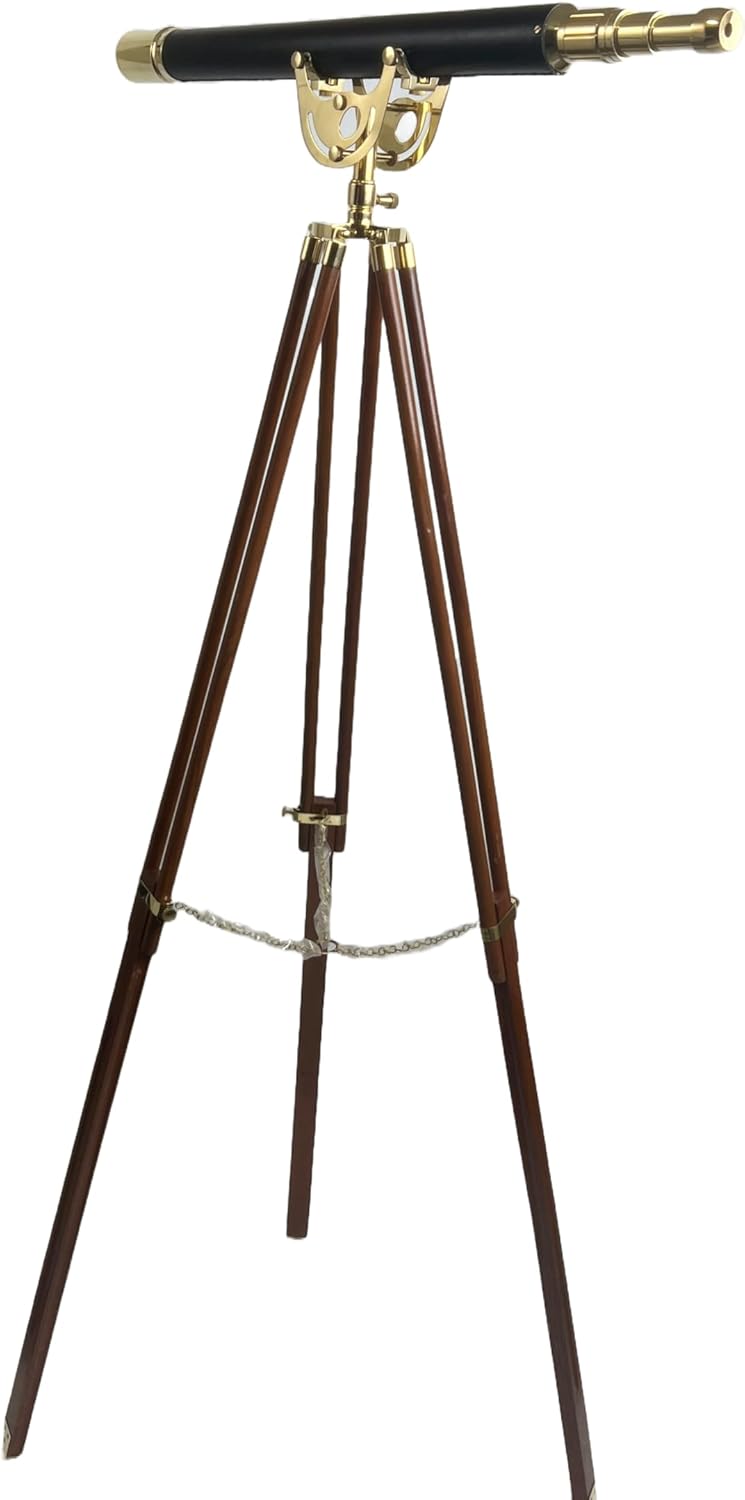 32 Inch Brass And Leather Mounted Telescope With 10x Magnification On Adjustable Wood Stand