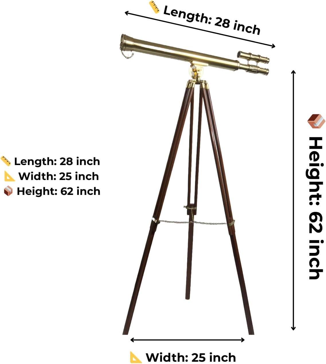 Double Barrel Telescope with Wooden Tripod Stand 32 Inch Brass 10X Magnification 42mm Lens