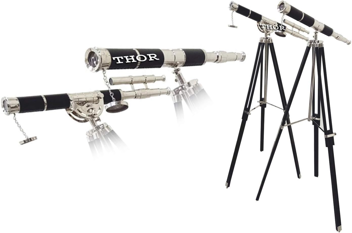 Vintage Brass Telescope with Leather Cover and Tripod Set of 2 Nautical Decor