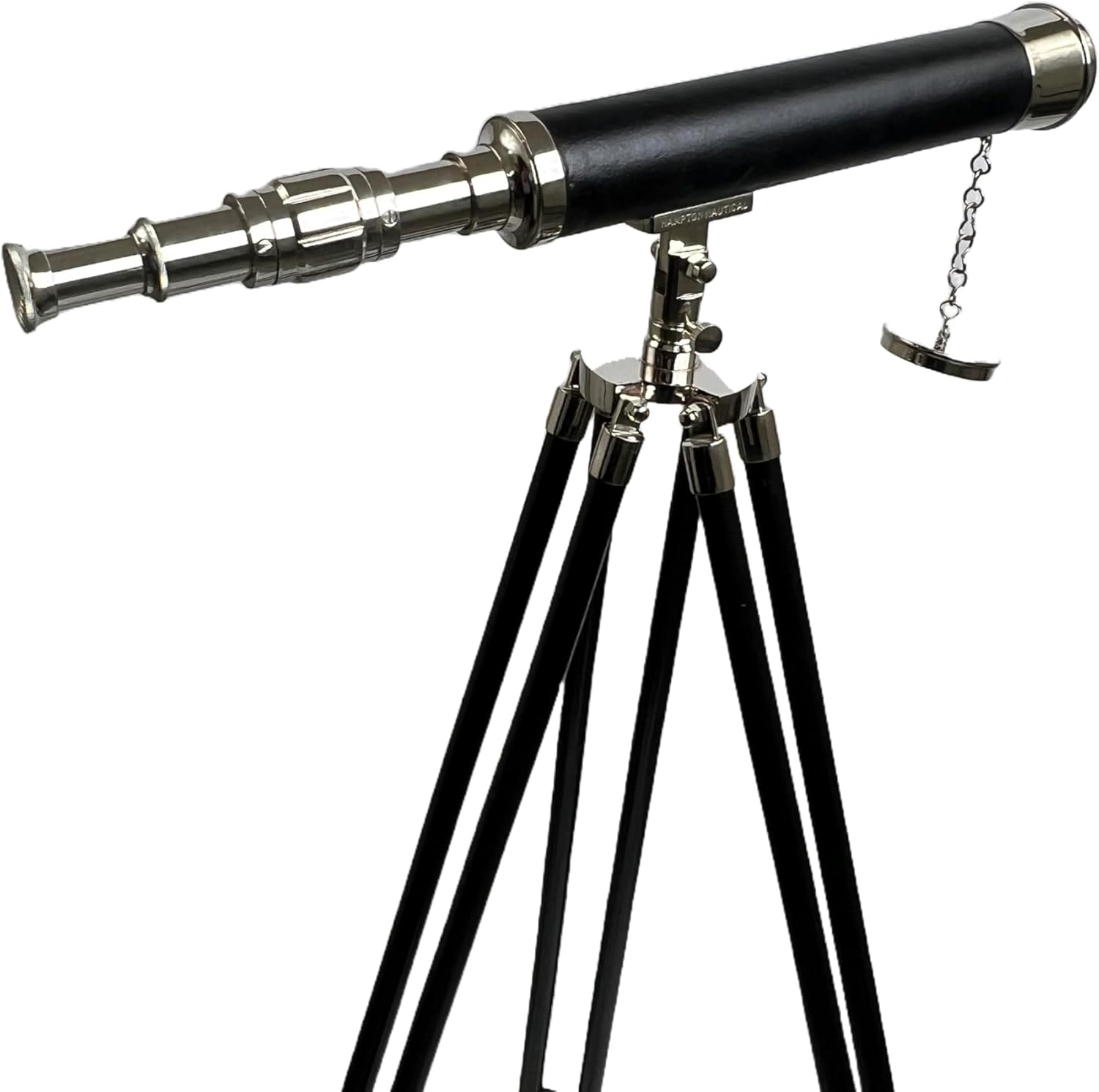 Navigators Charm 18 Inch Nickel And Leather Telescope With 10X Magnification On Wood Tripod Stand With Brass Fittings