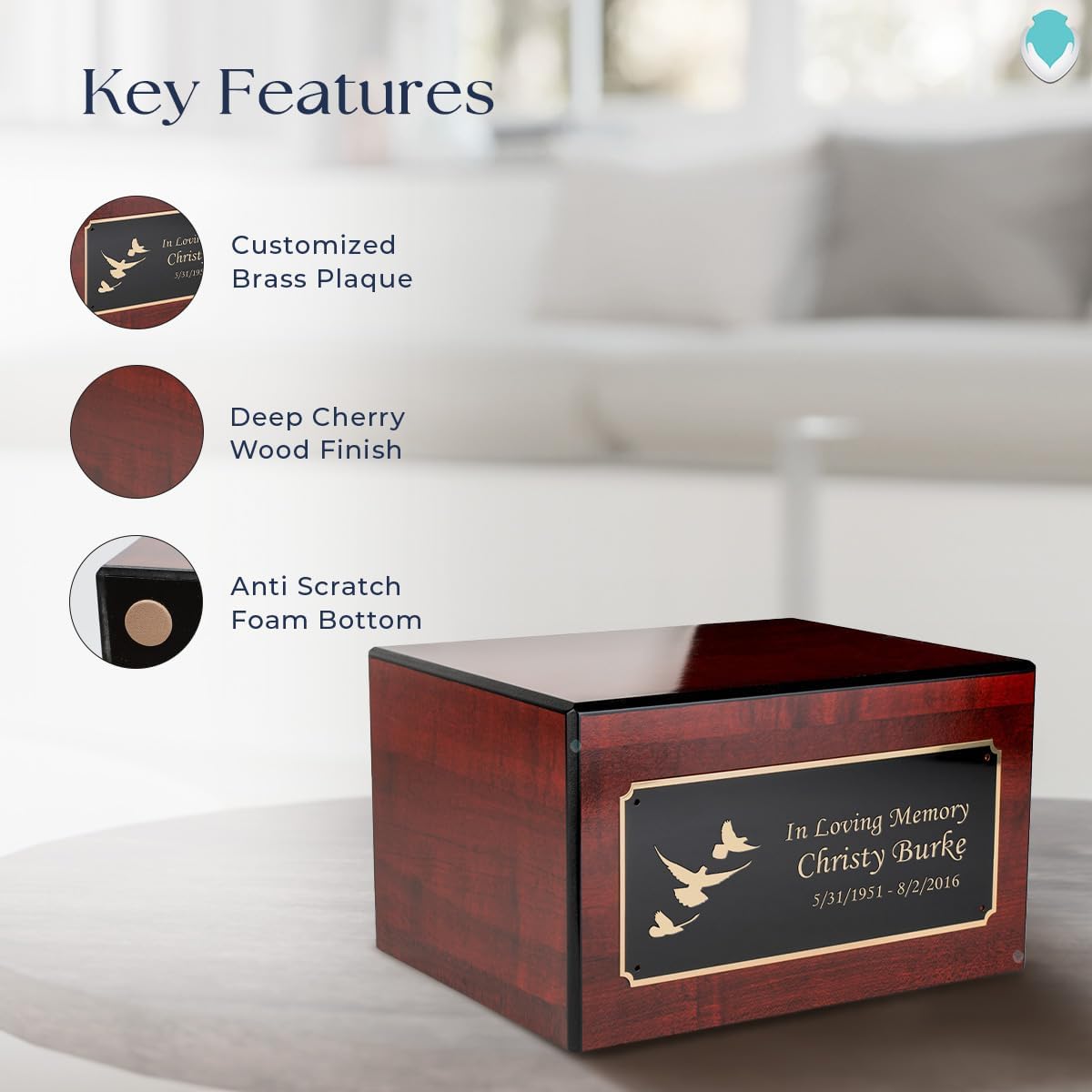GetUrns Heritage Adult Cherry Wood Cremation Urn Box with Dove Engraving