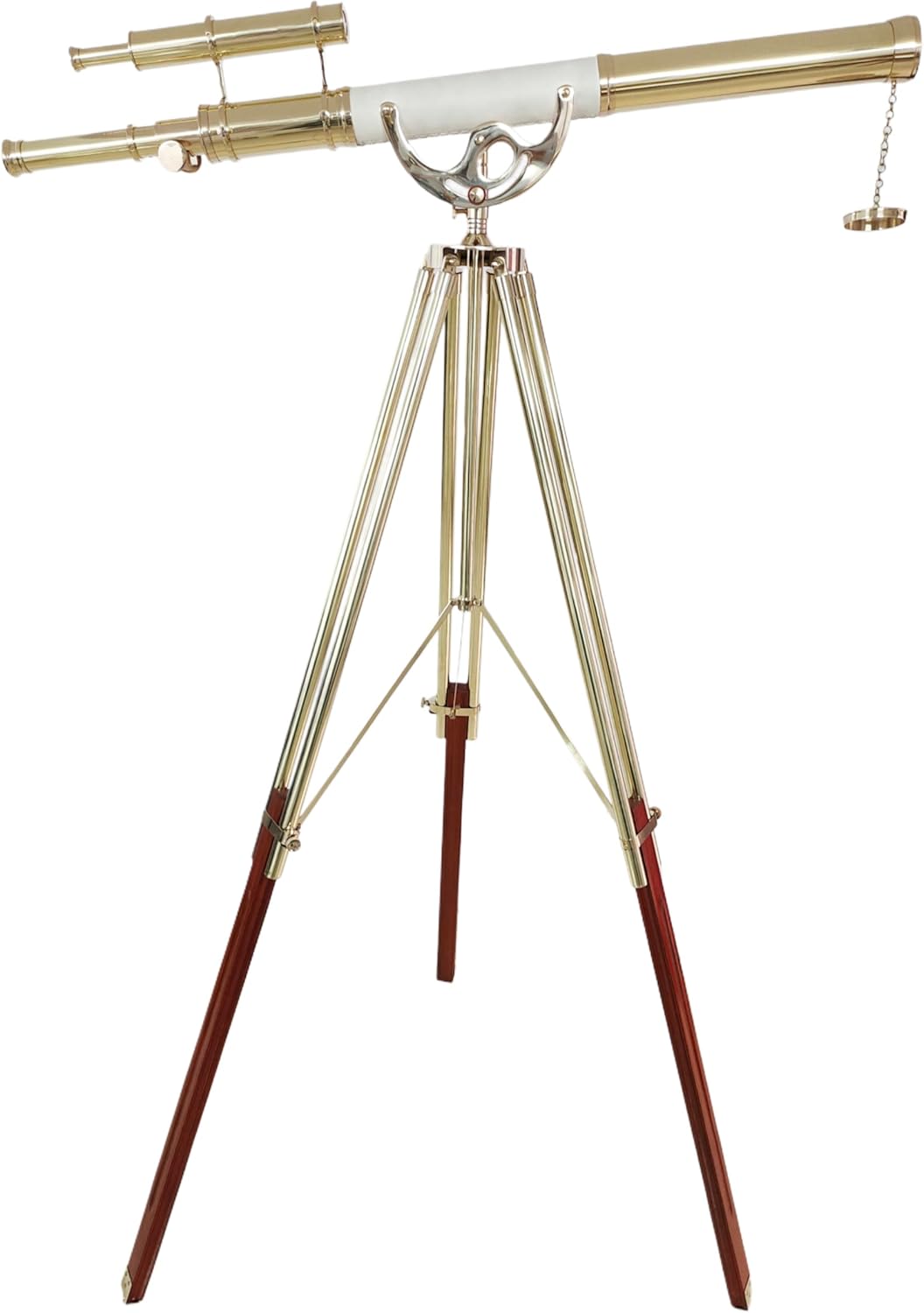 Double Barrel Shiny Brass Vintage Floor Telescope with Wooden Tripod