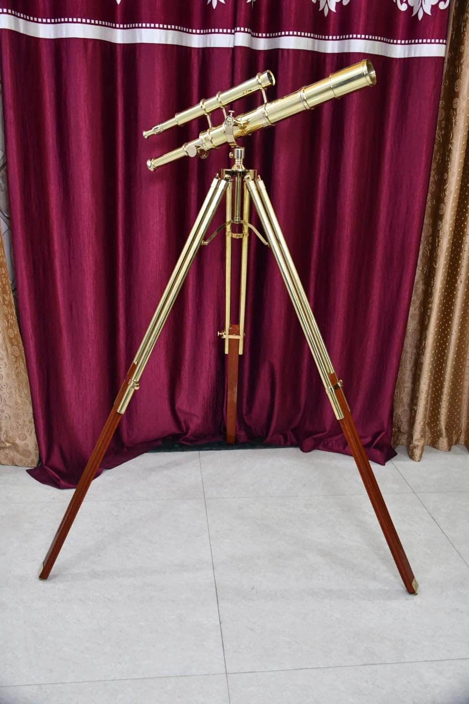 Vintage Shiny Brass Double Barrel Telescope with Stand
